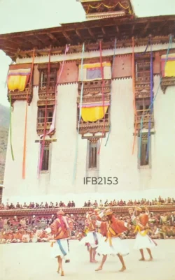 Bhutan Jibi Pachham With Utsi (Central Chapel) of Tashichhodzong in Background Dance Picture Postcard issued by Postal Department IFB02153