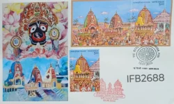 India 2010 and 2022 Rath Yatra Hinduism Special Cover with Miniature sheet and stamp tied and New Delhi and Puri cancelled IFB02688