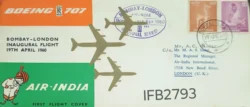 India 1960 First Flight Cover Air India Boeing 707 Bombay London cancelled IFB02793