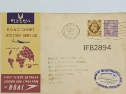 UK Great Britain 1952 B.O.A.C. Comet Jetliner Service London and Singapore First Flight Cover IFB02894
