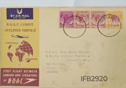 UK Great Britain 1952 B.O.A.C. Comet Jetliner Service London to Singapore First Flight Cover IFB02920