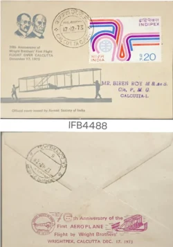 India 1973 70th Anniversary of First Aeroplane flight by Wright Brothers Over Calcutta First Flight Cover IFB04488