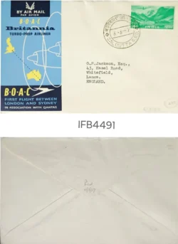 India 1957 B.O.A.C First Flight Between London and Sydney Britania Airliner First Flight Cover IFB04491