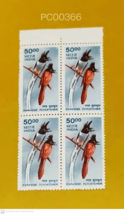 India 5000 Paradise Flycatcher Birds Blk of 4 UMM - PC00366