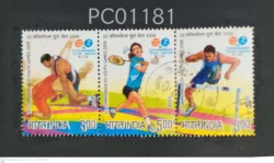 India 2008 3rd Commonwealth Youth Games Wrestling Badminton Huddles strip of 3 Se-tenant Used PC01181