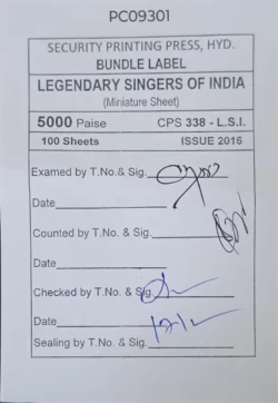 India 2016 Legendary Singers of India Miniature sheet Bundle Label Packing Slip PC09301