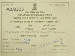 India 2009 C.V.Raman Builders of Modern India sheet Bundle Label Packing Slip PC09303