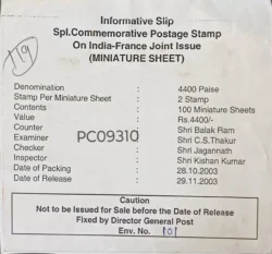 India 2003 India France Joint Issue Miniature sheet Bundle Label Packing Slip PC09310