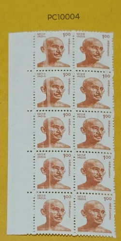India 1991 Block of 10 100 Gandhi Error White Colour Bar UMM - PC10004