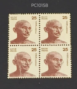 India 1976 25 Gandhi Block of 4 Error Printed on Crease Paper UMM - PC10158