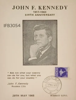 India 1965 John F. Kennedy USA President Picture postcard Stamp tied and Bombay Cancelled Rare IFB03054