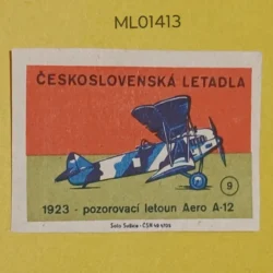 Czechoslovakia Air Craft Mode Of Transport 1923 Aero A-12 Observation Plane matchbox Label ML01413