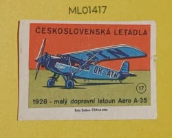 Czechoslovakia Air Craft Mode Of Transport 1928 Aero A-35 Small Transport Aircraft matchbox Label ML01417