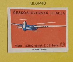 Czechoslovakia Air Craft Mode Of Transport 1938 Z-25 Sohaj Training Glider matchbox Label ML01418
