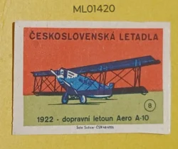 Czechoslovakia Air Craft Mode Of Transport 1922 Aero A-10 Transport Aircraft matchbox Label ML01420