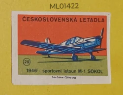 Czechoslovakia Air Craft Mode Of Transport 1946 Sports Plane M-1 Sokol matchbox Label ML01422