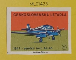 Czechoslovakia Air Craft Mode Of Transport 1947 Aerotexi Aero Ae-45 matchbox Label ML01423