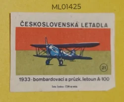 Czechoslovakia Air Craft Mode Of Transport 1933 Bomber and Pass A-100 Aircraft matchbox Label ML01425