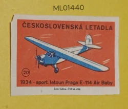 Czechoslovakia Air Craft Mode Of Transport 1934 Sport Airplane Praga E-114 Air Baby matchbox Label ML01440