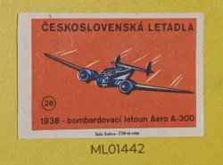 Czechoslovakia Air Craft Mode Of Transport 1938 Aero A-300 Bomber matchbox Label ML01442