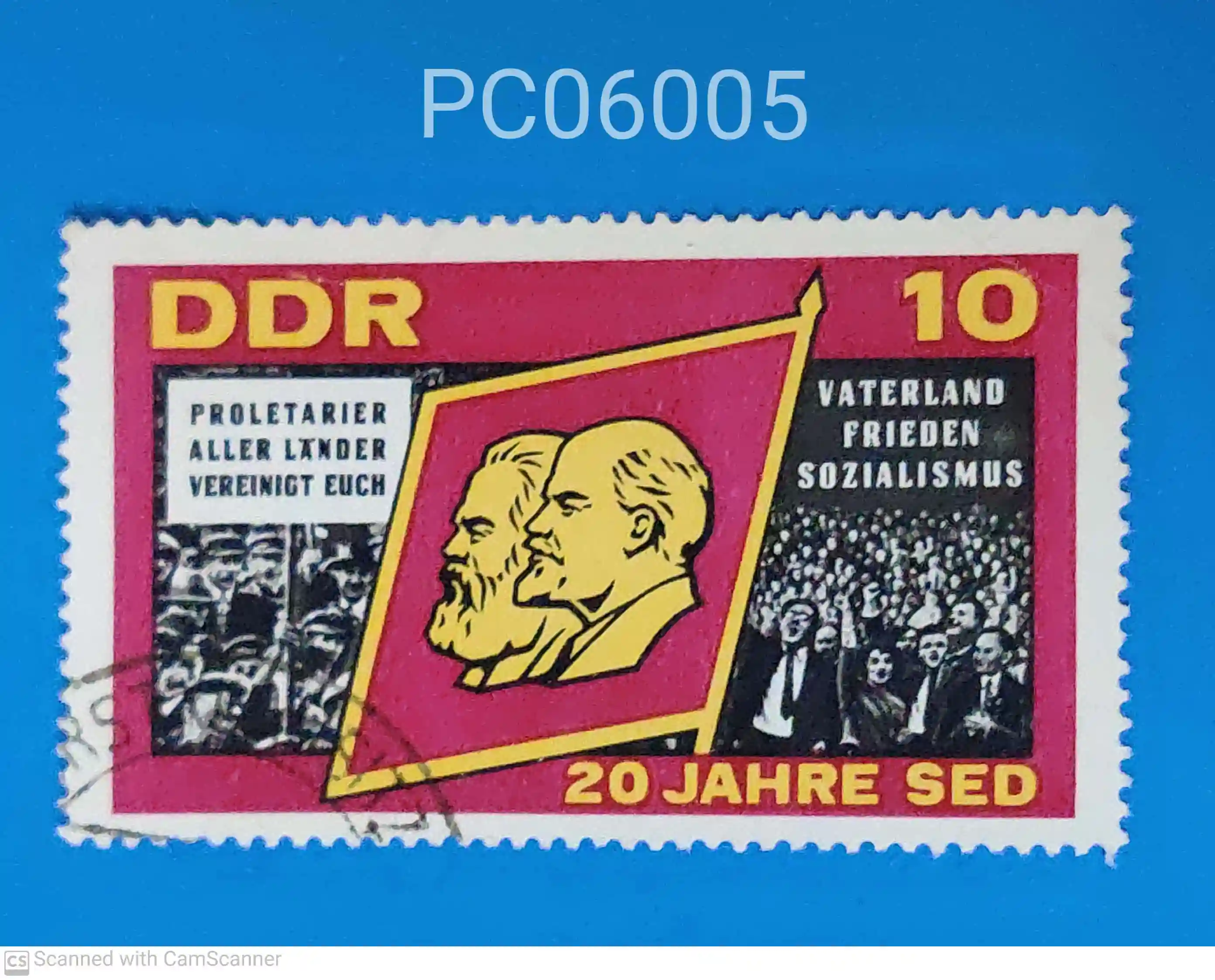East Germany 20 years of Socialist United Party A demonstration flag with head images of Karl Marx and W. I. Lenin Used PC06005