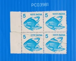 India 1982 Fish Definitive Block of 4 Error Crease Paper stuck on Gumside UMM PC03981