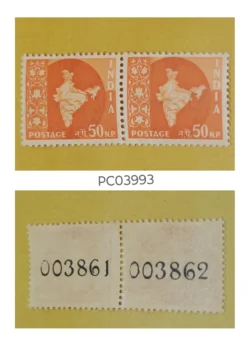 India 1955 50 n.p 3rd Definative Series Map Series Coil Stamps Pair Error Joint Paper UMM PC03993