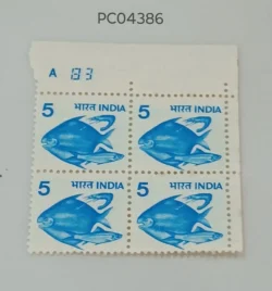 India 1979 5 Fish Definitive Plate Number A83 Block of 4 UMM PC04386